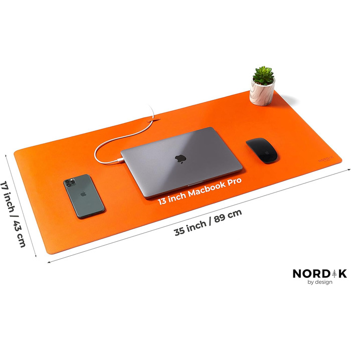 Підкладка для столу Nordik Leder з органайзером для кабелів (Танжерин Оранж, 89 x 43 см) Преміум велике килимк для миші з аксесуарами для дому та офісу – неслизьке, веганське захисне та письмове покриття