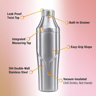 Lexenic Premium Cocktail Shaker 24oz - Vacuum-Insulated Martini Shaker, Spoon & Jigger Kit - 18/8 Stainless Steel - Drink Shaker - Built-in Strainer Margarita Shaker for Home Bar, Picnic, Gift