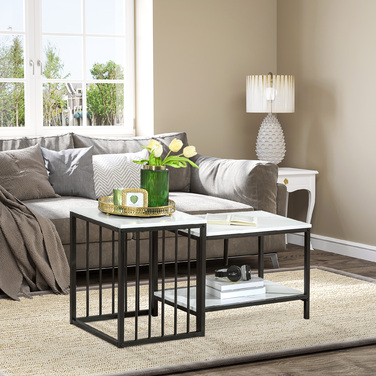 HOMCOM Set of 2 Side Tables, Coffee Table, Nesting Table, Sofa Table with Modern Design, Living Room Table with Marble Look, for Bedroom, Steel | Aosom