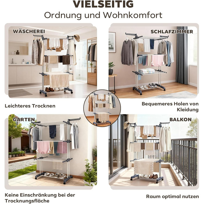 Сушарка для білизни Tower на коліщатках: 4-ярусна, з нержавіючої сталі, з 6 відкидними крилами та 2 боковими сторонами для обертання | 76x50x172 см | Компактна, складна, для балкону, ванної кімнати та саду | (Сірий)