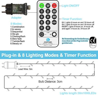 Льо́мка́ гірля́нда 100 LED, білий колір, для зовнішнього використання, вологостійка, 8 режимів, з пультом дистанційного керування та таймером. Підходить для декорування вечірок, свят, садів, балконів, ялинок. 1000 LED.