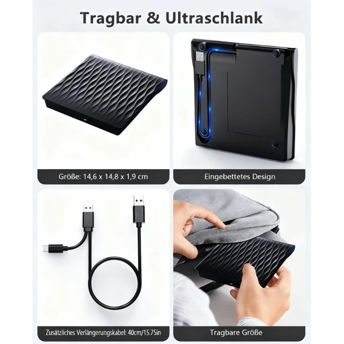 Зовнішній DVD/CD привід DANGZW USB 3.0 Type-C, портативний DVD-брунер та плеєр для ноутбука та ПК, сумісний з Windows, MacOS, Linux (чорний глянцевий)
