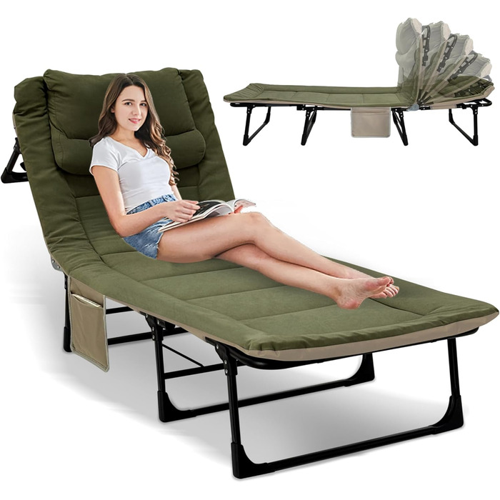 Розкладне ліжко для кемпінгу XXL - широке кемпінгове ліжко, розкладне ліжко, карпове ліжко з регульованою спинкою, ліжко для саду та відпочинку на відкритому повітрі (зелене)