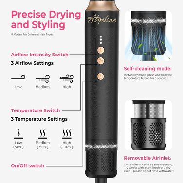 Airstyler Pro 7-в-1: Набір для укладки волосся Atopskins з фен-щіткою, плойкою та насадкою для локонів, 11000 об/хв, для створення об'єму, локонів та випрямлення волосся, зелено-золотий (чорно-золотий)