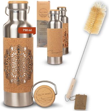Stainless Steel Water Bottle 750ml - Sustainable, insulated thermal water bottle made of stainless steel, leak-proof - Iso bottle without harmful substances, BPA-free - Thermos drinking bottle (floral print) (Mandala (laser cut) + bottle brush)