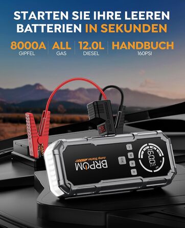 Powerbank Starthilfe BRPOM 8000A з компресором 160PSI для автомобілів, 26800mAh, підтримка бензинових та дизельних двигунів (12.0L), LED-ліхтар 600LUM, сріблясто-сірий колір