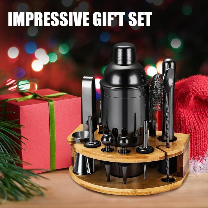 Набір для приготування коктейлів, 12 предметів, нержавіюча сталь, 750 мл, з дерев'яною підставкою та книгою рецептів