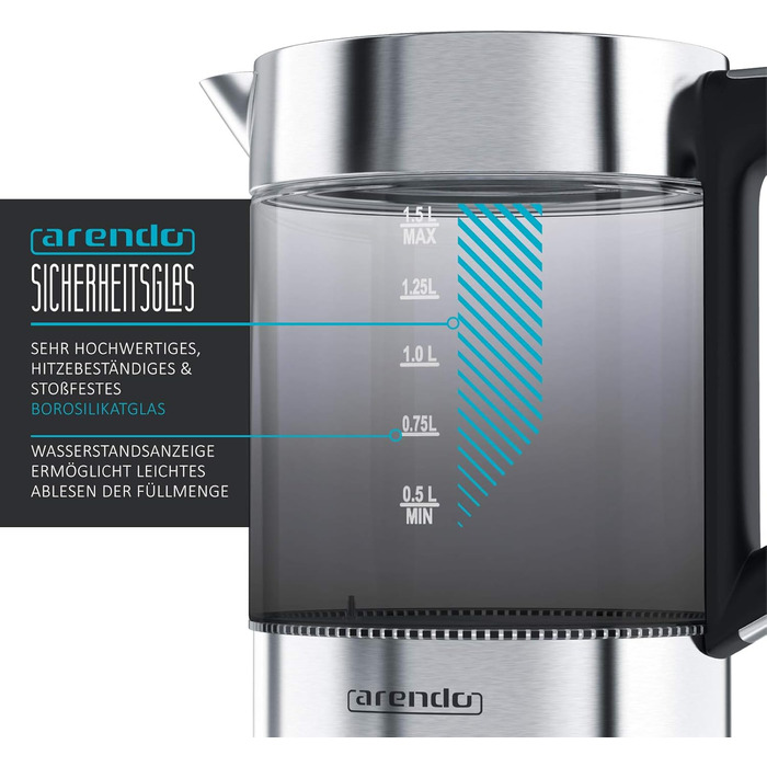 Електричний чайник Arendo з регулюванням температури, 1.5 л, скло, нержавіюча сталь, підтримання тепла 30 хв, Borosilikatglas, сучасний дизайн