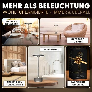 Світлодіодна настільна лампа ELYSIA з акумулятором, димується, бездротова, сенсорна, для дому та вулиці (IP54), тепле світло (2200K-2700K-3200K), USB-C, алюмінієва (срібна)