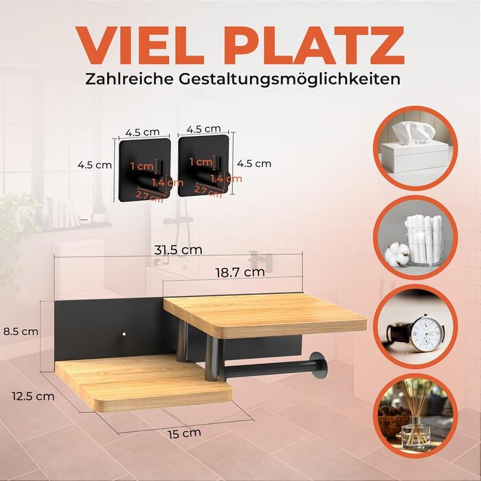 No-Drill Toilet Paper Holder with Towel Bars & Shelf - Stainless Steel & Bamboo Bathroom Organizer - Black Matte Finish