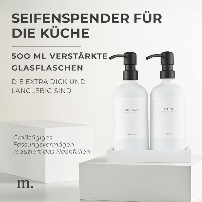 MaisoNovo Soap Dispenser Set - Soap Dispenser Kitchen - 500 ml Amber Bottles, Black Pumps, Glass Pumps Dispenser, Soap Dispenser Set, 2-Piece Set and Concrete Tray - Dish Soap Dispenser Kitchen (White Glass / Black Pump + Rectangular Tray)