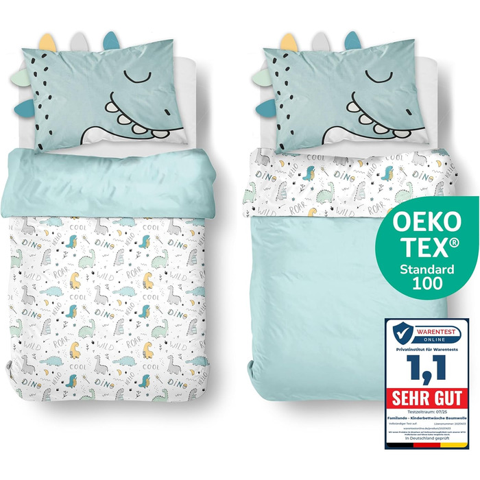 Дитяча постільна білизна (2 шт.) з 100% бавовни Oeko-Tex: ковдра 100x135 см та подушка 40x60 см. Зручна дитяча постіль з блискавкою, дихаюча, регулює температуру, з зображенням динозаврів.