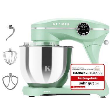 Кухонний комбайн KLAMER 1800W, планетарний міксер для тіста з чашею з нержавіючої сталі 6л (Premium Mint)