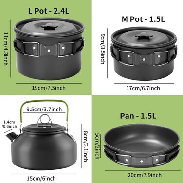 Набір кухонного посуду для кемпінгу на 4 особи з алюмінію: каструлі, сковорідки, посуд для відпочинку на природі