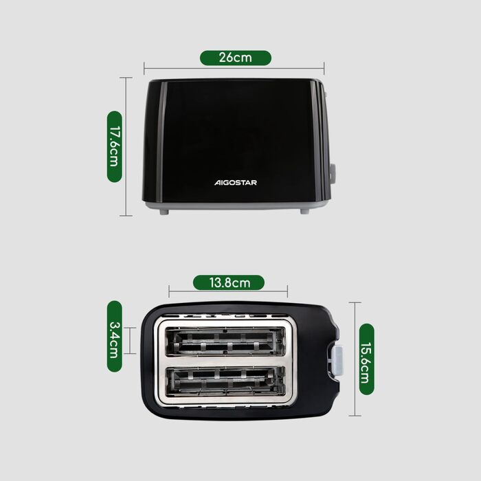 Тостер Aigostar 750W з 7 рівнями підсмажування, функціями розморожування та підігріву, 2 слоти для тостів, чорний