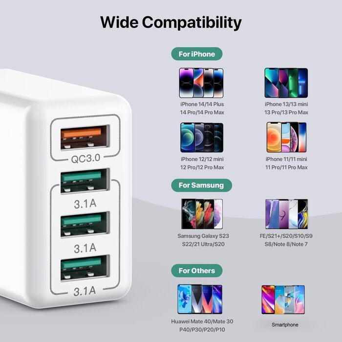 Зарядний пристрій USB-C 40W, 4 порти, PD+QC, для iPhone 12/13/14/15/Pro Max/XS/XR/8/7, Samsung, планшетів (Сірий)