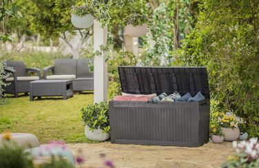 Koll Living ящик для подушок 270 л, графіт, водонепроникний, з вентиляцією, сучасна деревна текстура, кришка витримує до 250 кг