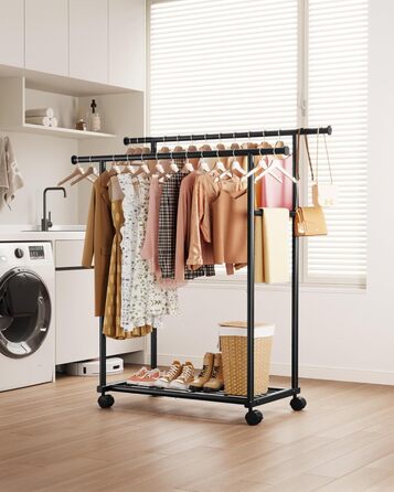 Стійка для одягу на колесах з подвійною перекладиною та сітчастим дном, 98 x 42 x 150 см, Чорний