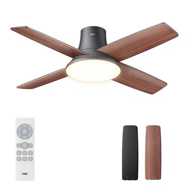 Стеляний вентилятор Dreo з підсвічуванням та пультом керування, 112 см (44 дюйми), плоский, чорний, реверсивний, 5 лопатей, 6 рівнів регулювання яскравості, 6 швидкостей, тихий, з таймером, легка установка для спальні