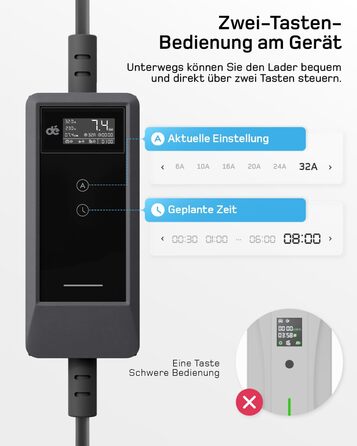 Зарядний пристрій для електромобілів Dé Mobile Wallbox 7.4 кВт з Wi-Fi, кабель Type 2 6м (1 фаза, 6-32A) для Tesla Model Y/3, VW ID.3/4/5/7, Skoda Enyaq