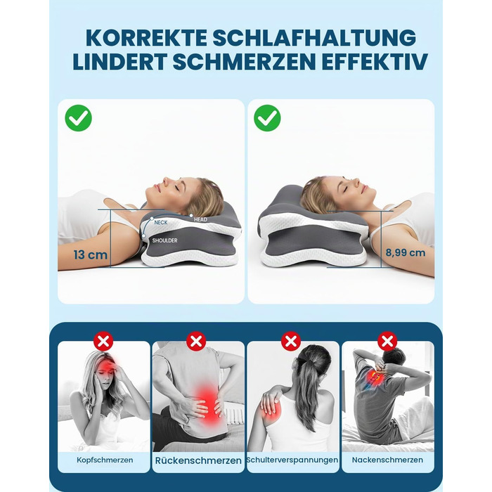 Охолоджуюча подушка для підтримки шиї з Memory Foam: ергономічна ортопедична подушка для сну на боці та спині