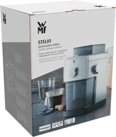 Електрична кавомолка WMF Stelio Edition з жерновою системою, 17 ступенів помолу, для френч-пресу та фільтр-кави, 110 Вт