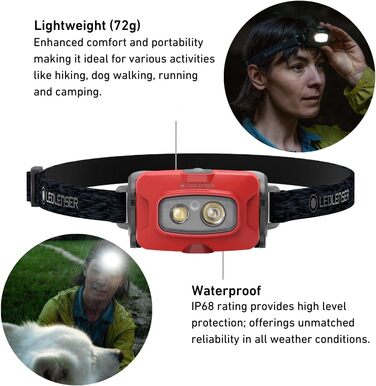 Ledlenser Rechargeable Headlamp | LED Headlamp 500 Lumens | Adventure Headlights Waterproof with Red Light | Outdoor Headlamp | Headlamp | Waterproof Head Flashlight IP68 (HF4R Core, Red)