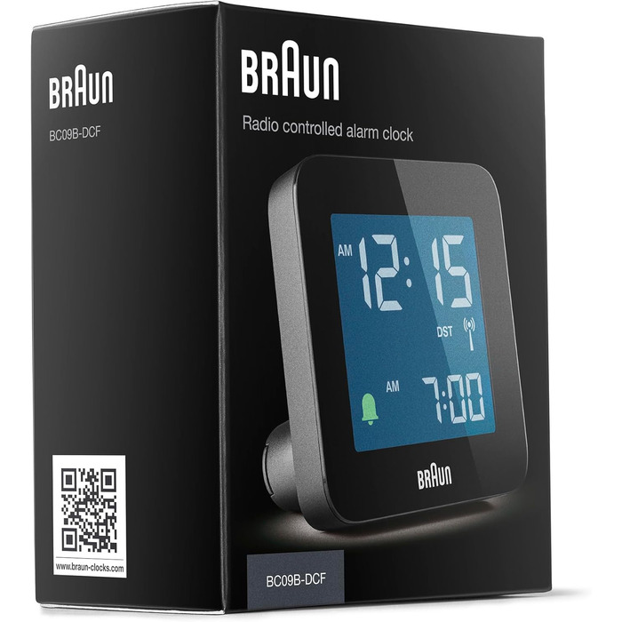 Braun Digital Radio Alarm Clock Central European Time (CET) with Snooze Function, Negative LC Display, Quick Set Function, Crescendo Alarm in Black, Model BC09B-DCF.