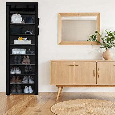 INTIRILIFE Folding Wardrobe 170x58x28 cm in Raven BLACK - with Zipper Fabric Wardrobe, Clothes Rack, Shoe Shelf with 9 Storage Compartments - Camping Storage Box, Textile Wardrobe