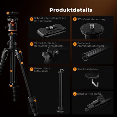 Штатив K&F Concept 152 см з карбону, легкий трипод з гнучким кульковим голівкою 360°, 1/4'' гвинт, чохол для DSLR камери A225C0+BH-25L (178 см, 8 кг, з тримачем для телефону)