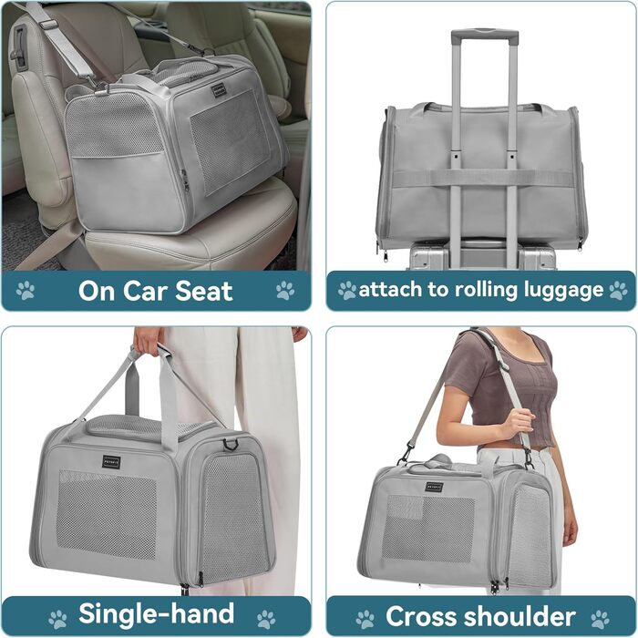 Транспортна переноска для котів та маленьких собак Petfit, сіра, L - легка переноска для подорожей літаком з ремінним кріпленням та розширюваним килимком