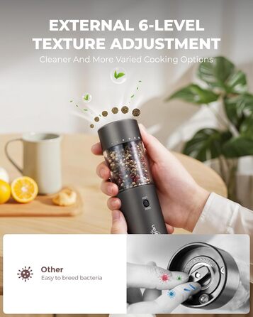 Sangcon Electric Salt and Pepper Grinder, 2 Speed Settings, 6 Grind Settings, Automatic Pepper Grinder with USB Charging Station, One-Handed Grinding (Space Grey)