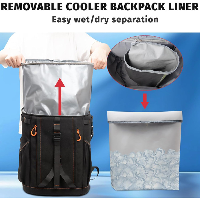 Рюкзак-холодильник HP Hope 35L, водонепроникний, ізольований, чорно-помаранчевий. Ідеально для пікніків, відпочинку на природі, кемпінгу та подорожей. Об'єм: 35 літрів, вміщує до 48 банок.