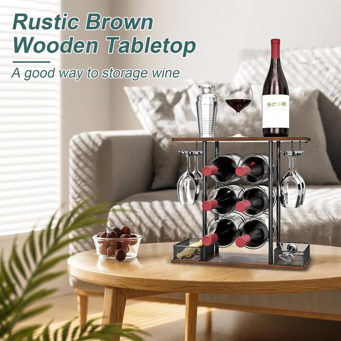 VyGrow Wine Rack with 3 Tiers, Wood and Metal, Easy to Assemble, for 6 Bottles and 4 Glasses at Home, 16 x 41 x 40.2 cm
