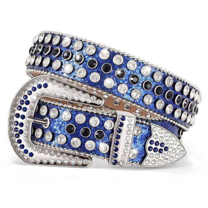 Жіночий шкіряний ремінь JasGood з камінням, стиль вестерн, ковбойський, з заклепками для джинсів та штанів (Синій, 105 см, підходить для розміру 66-80 см)