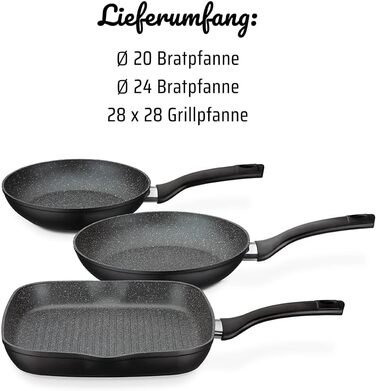 Набір сковорідок GSW Gourmet Granit, 3 штуки, алюміній з антипригарним покриттям, для індукції, чорний