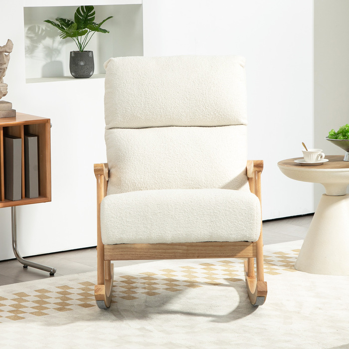 HOMCOM Rocking Chair, Ergonomic Swivel Chair, Armchair, Still Chair with Velvet-Look, Rocking Chair with a Load Capacity of 120 kg, for Bedroom, Living Room, Cream White | Aosom