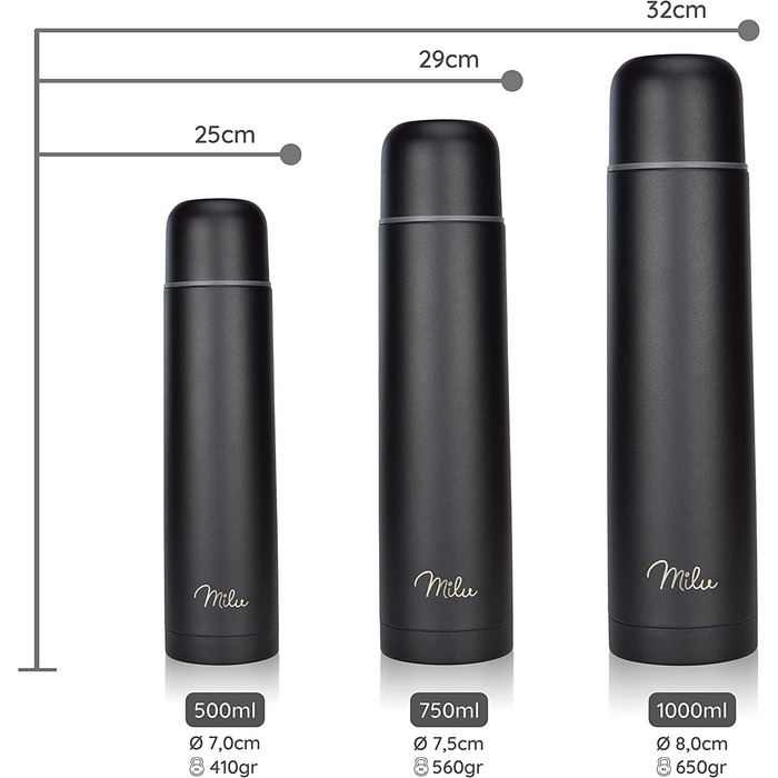 Термос Milu з нержавіючої сталі, 1л, 750мл, 500мл - ізольована пляшка для напоїв, 100% без витоку, подвійна ізоляція (оливковий, гравіювання)