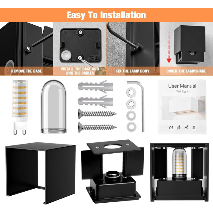 Настінне освітлення YrgePowk 2 шт. з LED лампою G9, зовнішнє та внутрішнє, IP65, регульований кут освітлення, тепле світло 3000K, чорний