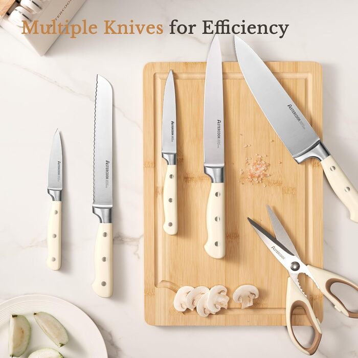 Набір кухонних ножів Astercook 14 предметів: ніж для м'яса, овочів, хліба, блок для зберігання, точилка, нержавіюча сталь, кремовий колір, антиковзкий ергономічний дизайн