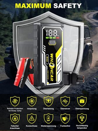Powerbank для автомобіля 8000A 12V – Пусковий пристрій, бустер для акумулятора, зарядний пристрій для бензинових та дизельних авто (до 10л) з LCD дисплеєм, LED ліхтарем та кабелями для підключення (чорний)