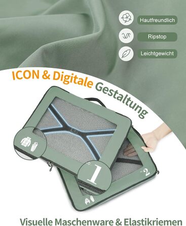 Набір органайзерів для валізи ECOHUB 7 шт., тревел-куби з блискавкою, з переробленого PET, зелений колір