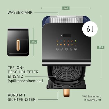 Panasonic NF-CC600AXE Air Fryer with Viewing Window, 6 l, 80–200 °C, digital timer & LCD display, gentle steam injection, 11 presets, easy cleaning, Black with Rose Gold handle