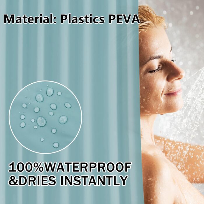 Штора для ванної кімнати 180x180 см, антигрибкова, водонепроникна, з кільцями, блакитна (PEVA)