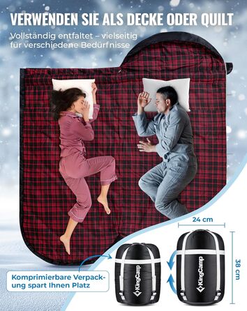 Сплячий мішок KingCamp XXL з бавовни фланелі для дорослих, великого розміру, теплий, зимовий, для кемпінгу, подорожей та активностей на відкритому повітрі, 4-сезонний, 220x100 см, класичний чорний