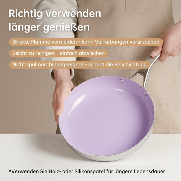 Набір сковорідок з антипригарним керамічним покриттям Tjean (без PTFE, PFOA, PFAS) з нержавіючою ручкою, підходить для індукційних, газових, електричних плит та духовки до 280°C (фіолетовий, 26 см)