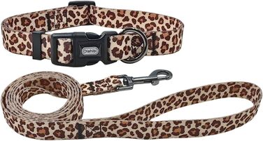 Нашийник для собак Olahibi з повідком, леопардовий принт, поліестер, регульований, 1,5 м, для цуценят (XS, світло-кавовий)