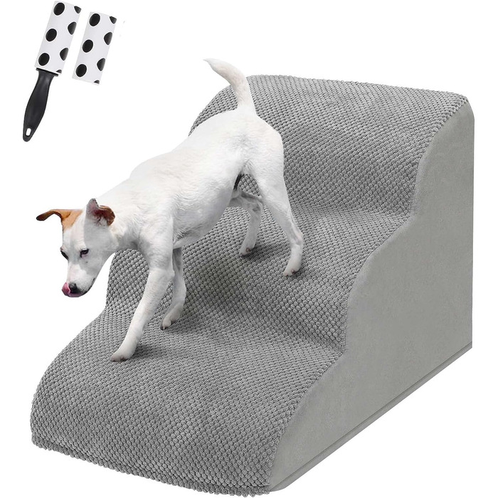 LIANTRAL Dog Stairs, 3 Steps Dog Ladder for Bed and Sofa made of High-Density Sponge, Cat Stairs Dog Ramp with Removable, Washable Cover and Pet Hair Remover Roller, 40 cm High