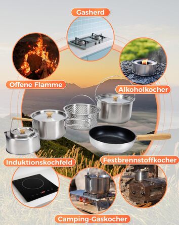 Набір посуду для кемпінгу KingCamp з кошиком, нержавіюча сталь, антипригарне покриття, 4-х частинний набір + чайник