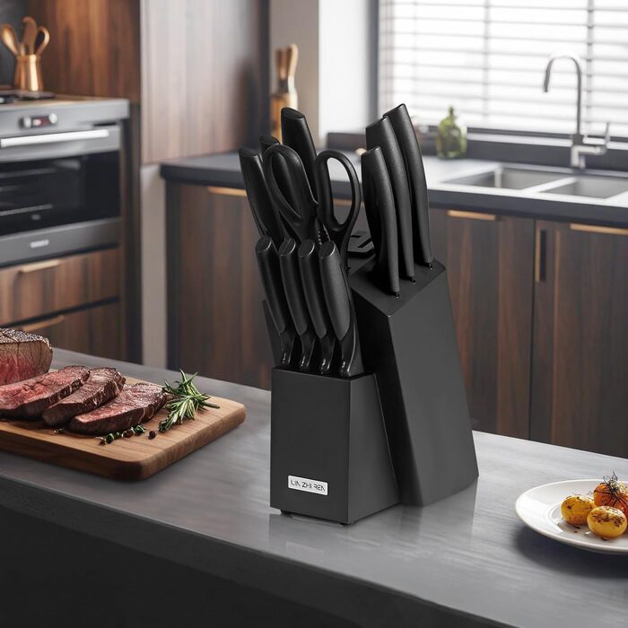 Набір ножів LIN ZHI REN 13 предметів з бруском, чорний. Кухонний набір ножів, ергономічні ручки, безпечний, для миття в посудомийній машині